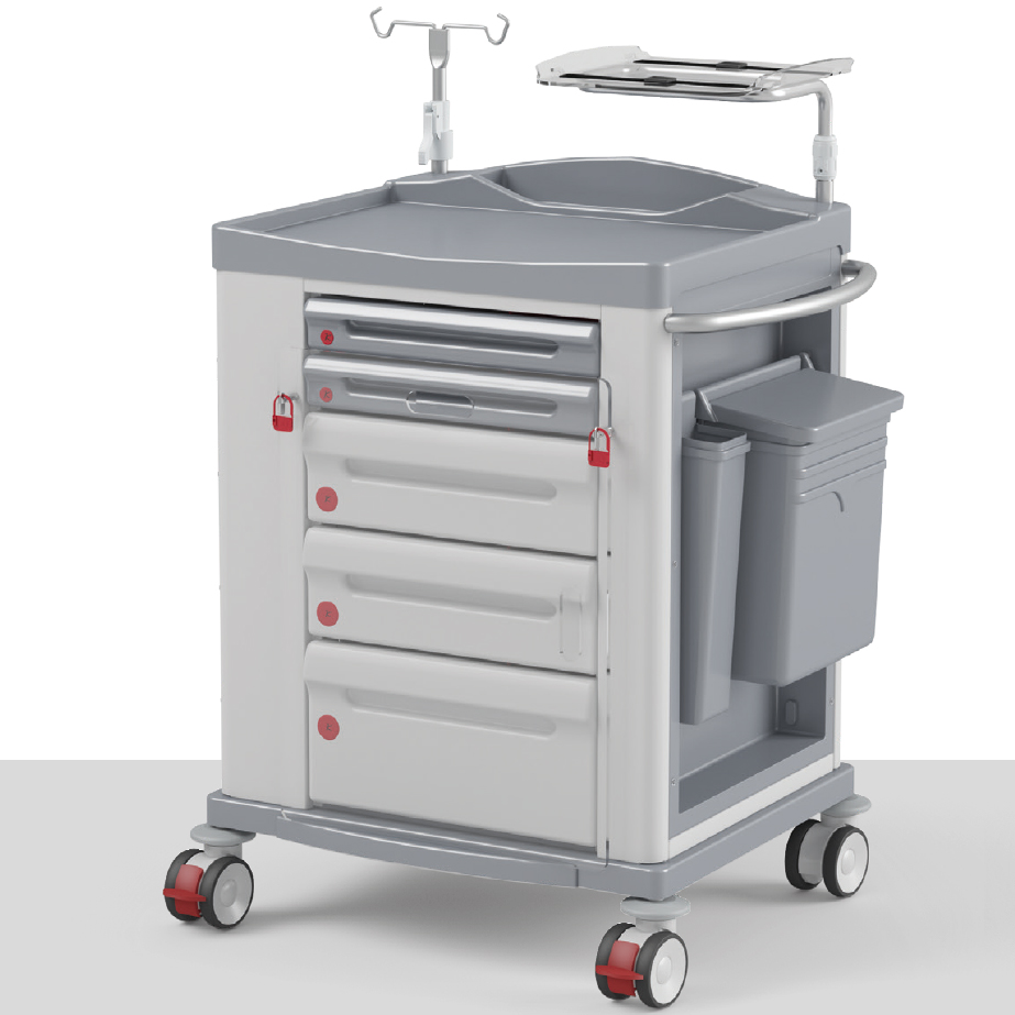 KSM-EM1: CARRELLO EMERGENZA SMALL (CHIUSURA A SIGILLO E TAVOLA MASSAGGIO CARDIACO, ALLOGGIO POSTERIORE PORTA BOMBOLA)
