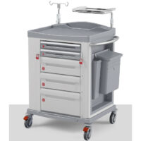 KSM-EM1S: CARRELLO EMERGENZA SMALL (CHIUSURA A SIGILLO E TAVOLA MASSAGGIO CARDIACO, ALLOGGIO POSTERIORE PORTA BOMBOLA, RUOTE SINGOLE)